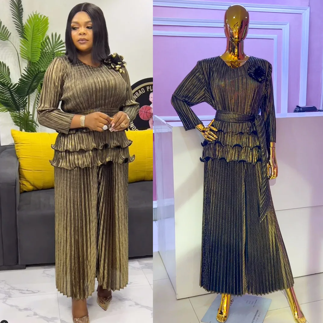 

Suit Women's Spring Lotus Leaf Edge Pleated Long-sleeved Top + High-waisted Wide-leg Trousers