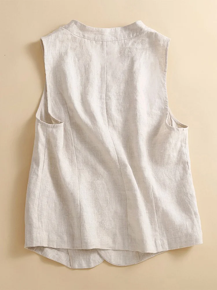 Haut léger en coton et lin pour femmes, ample et décontracté, gilet d'extérieur, vêtements d'extérieur, pour les déplacements, détail de boutons v-ne, longueur ort