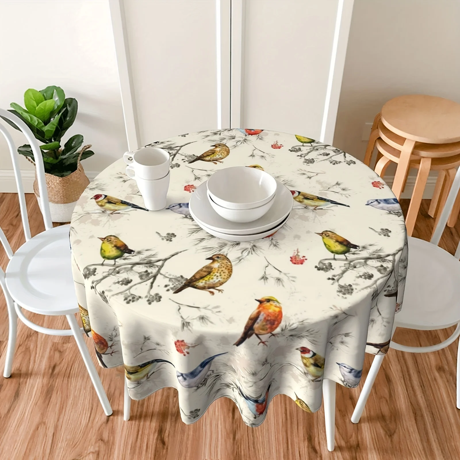 Colorful Bird Tablecloths, Bohemian Round Table Cover, Stain Resistant And Waterproof, Wrinkle Resistant Tablecloth, Gift, Holid