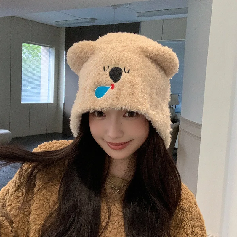 Korean Girl Cute Koala Beanie Women Ear Protection Hat Cartoon Winter Warm Plush Pullover Cap Thick Coral Velvet Headgear Bonnet