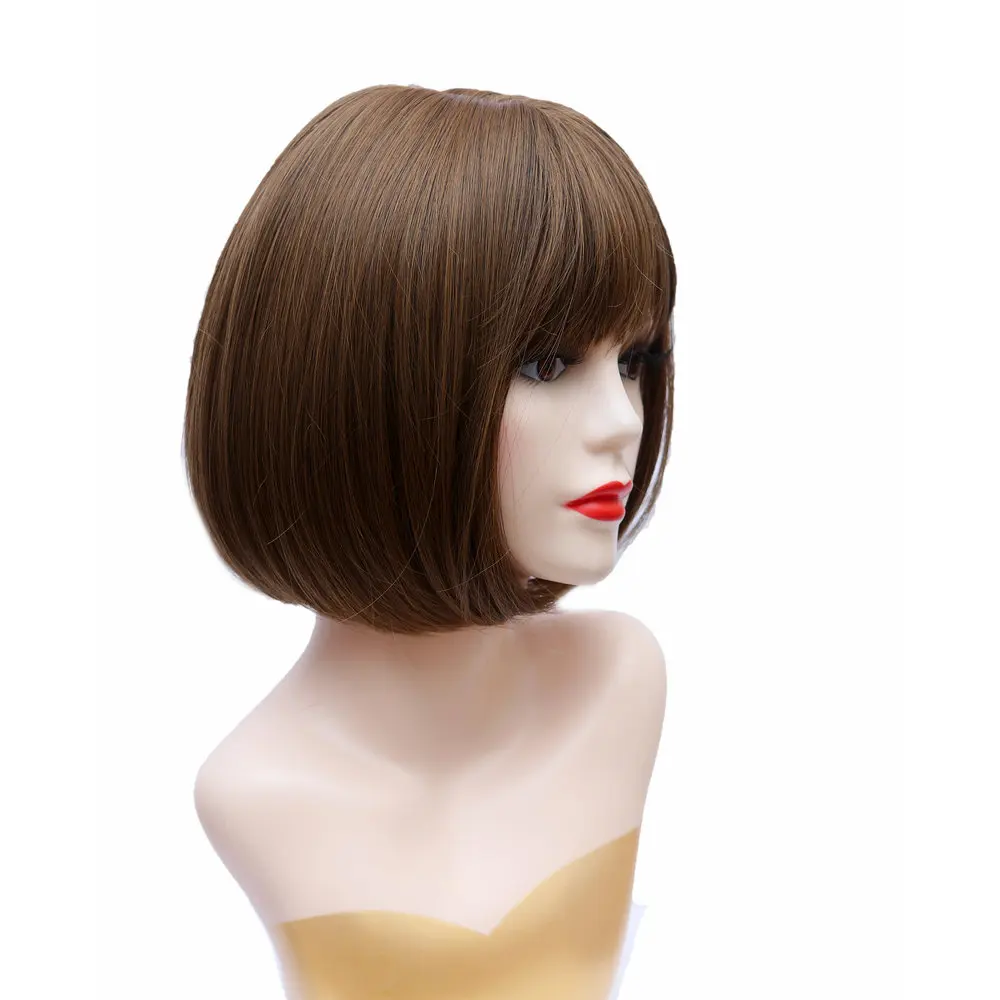 

Heat Resistant Iron Fiber Brown Colour Bone Straight Piano color Machine Made Synthetic Hair Short Bob Wig With Bangs 12 Inches