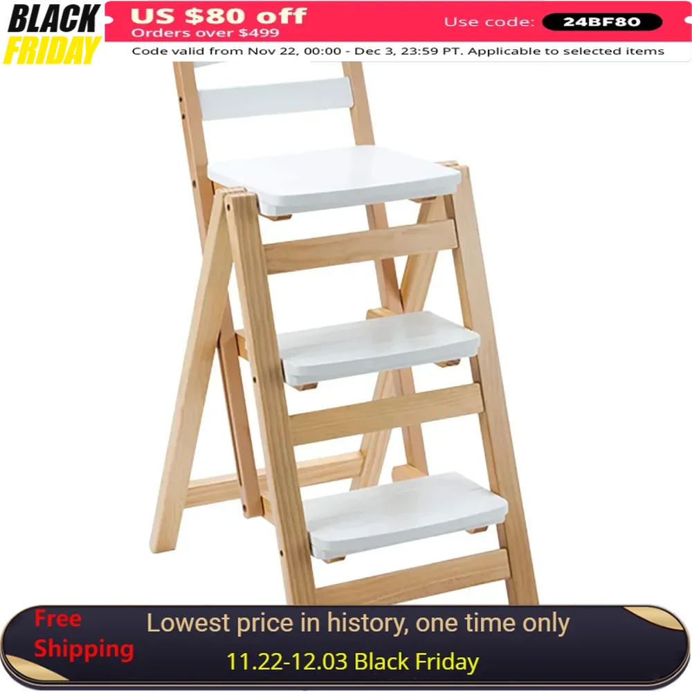 Folding Bar Stool Multifunctional 3 Step Ladder,Solid Wood Ladder Stool Counter Height Tall Stool,Portable Adults Outdoor