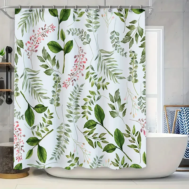 

Занавеска для душа с зеленым растительным листом, акварельный цветочный коврик для ванной, розовая, белая, зеленая водонепроницаемая тканевая занавеска для ванной комнаты 60x72