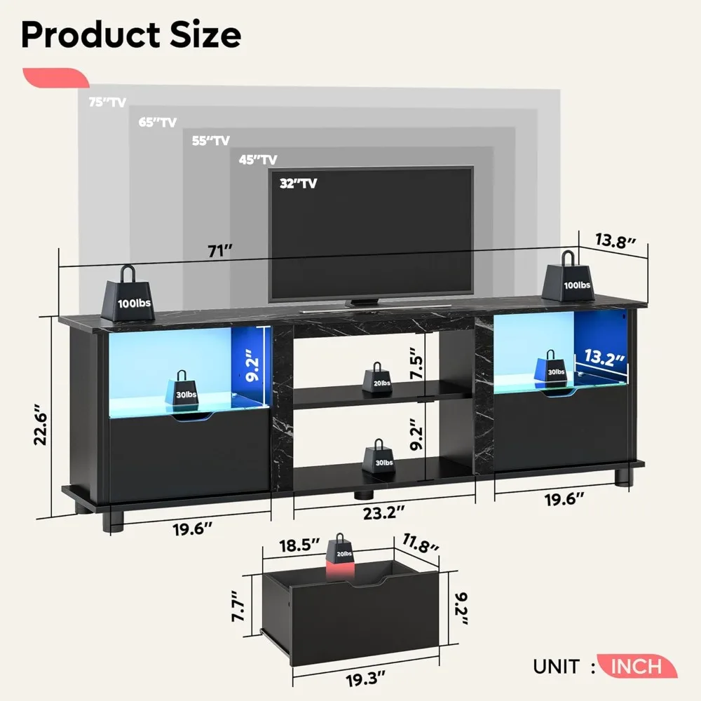 LED TV Stand for 75 Inch TV, Gaming Entertainment Center with Drawers and Storage and Glass Shelves, 70