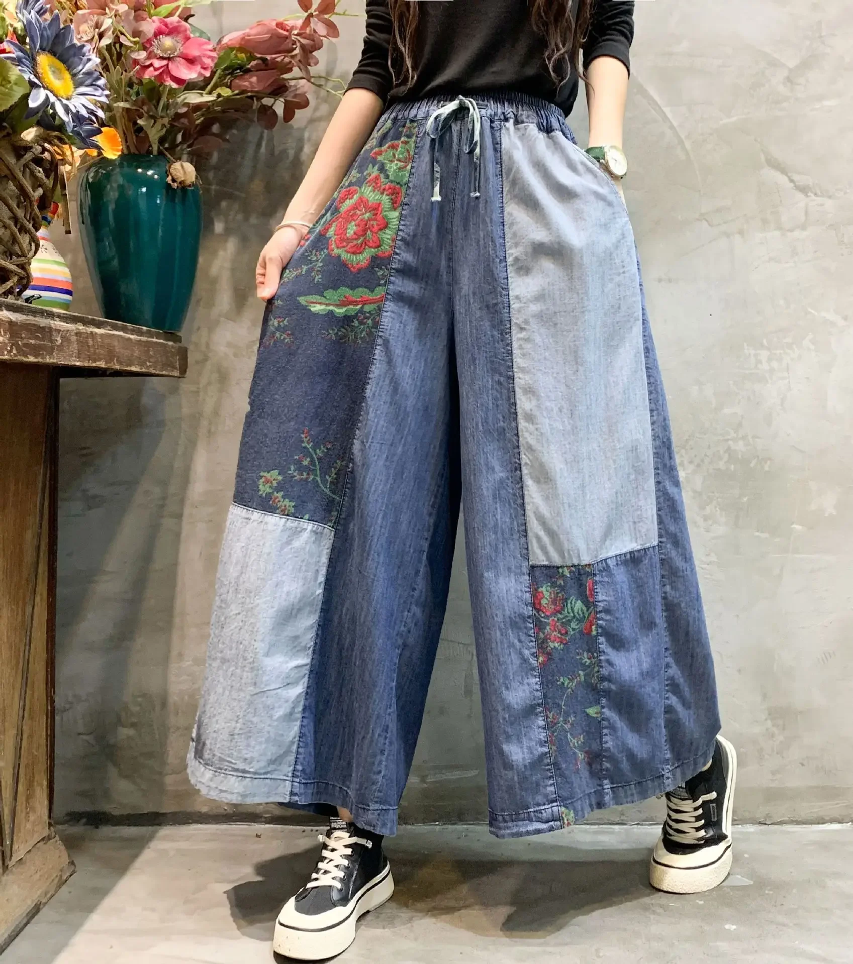 Women's Vintage Patchwork Cotton Linen Long Skirt, Japanese Style, Mori Girl, Elastic Waist, Lace Plaid Skirts, Loose A-line Ski