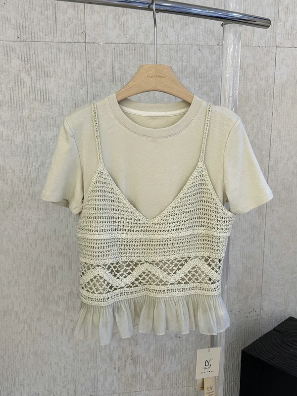 

Корейский стильный многослойный сетчатый жилет с коротким рукавом и однотонной футболкой, комплект для женщин, весна-лето, повседневный, свободный крой, с эффектом похудения