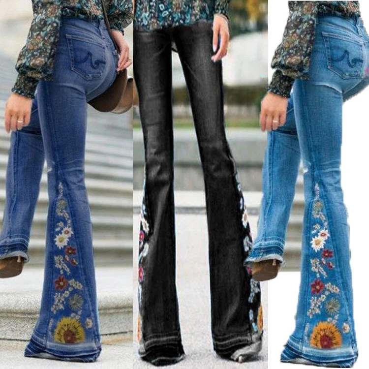 

Fashion Frontier Women's Cowboy Wide Legged Pants Embroidered Pants Cowboy Bellbottom Pants Versatile