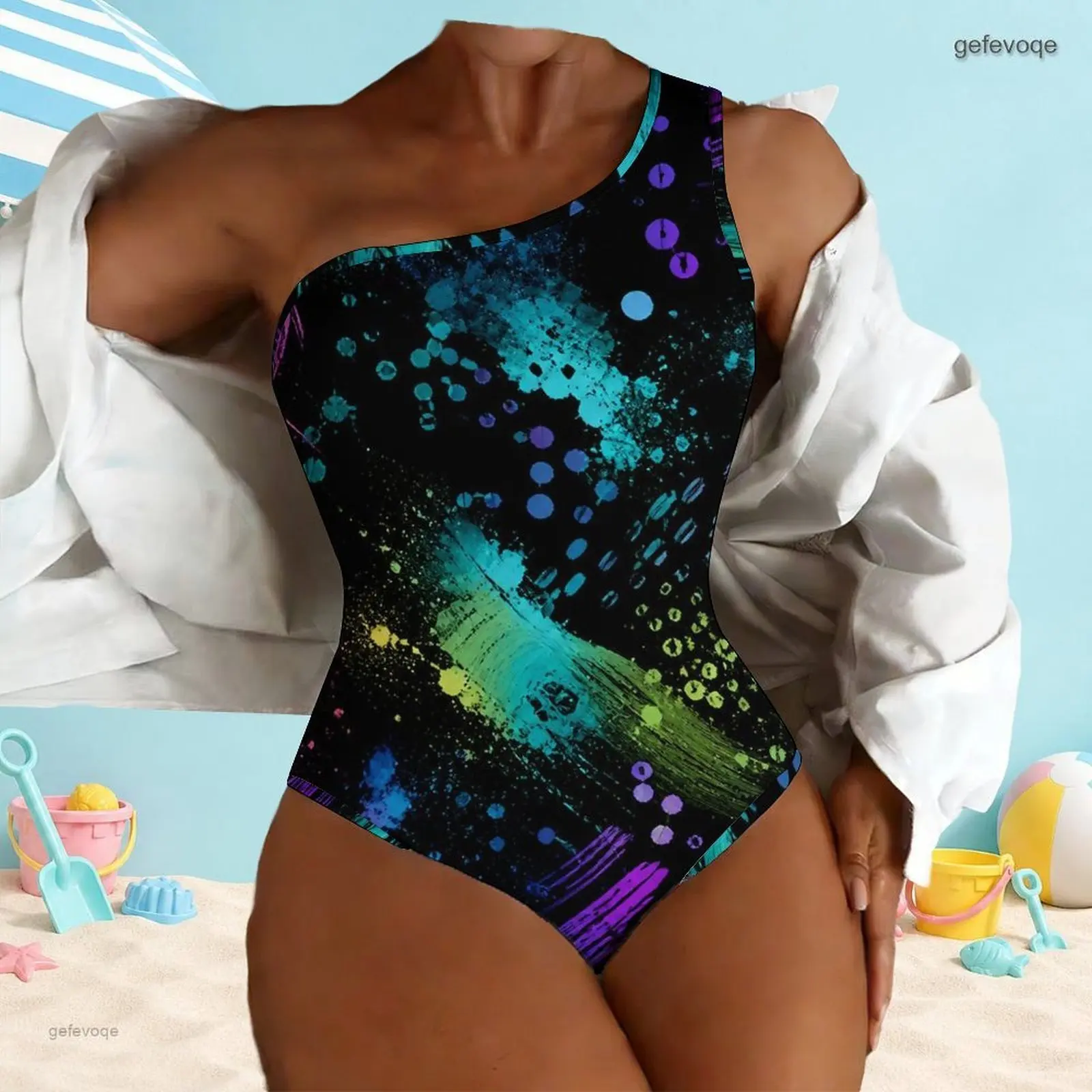 One Shoulder One Piece Asymmetric Neck Printed Swimsuit for Women