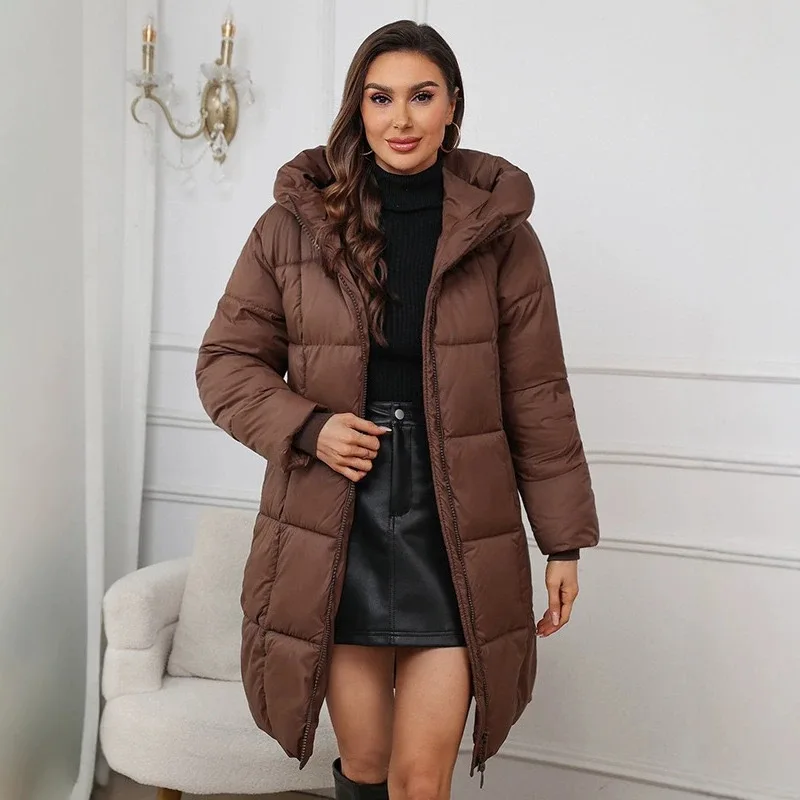 2026 autumn and winter new medium and long thickened and upgraded large size casual hooded solid color cold-proof cotton coat