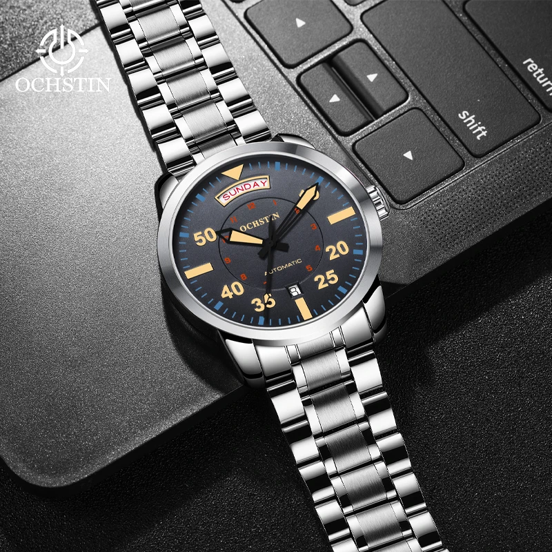 OCHSTIN Master Series Men Dual Calendar Mechanical Watch Premium Stainless Steel Strap Daily Waterproof Business Casual Wrist