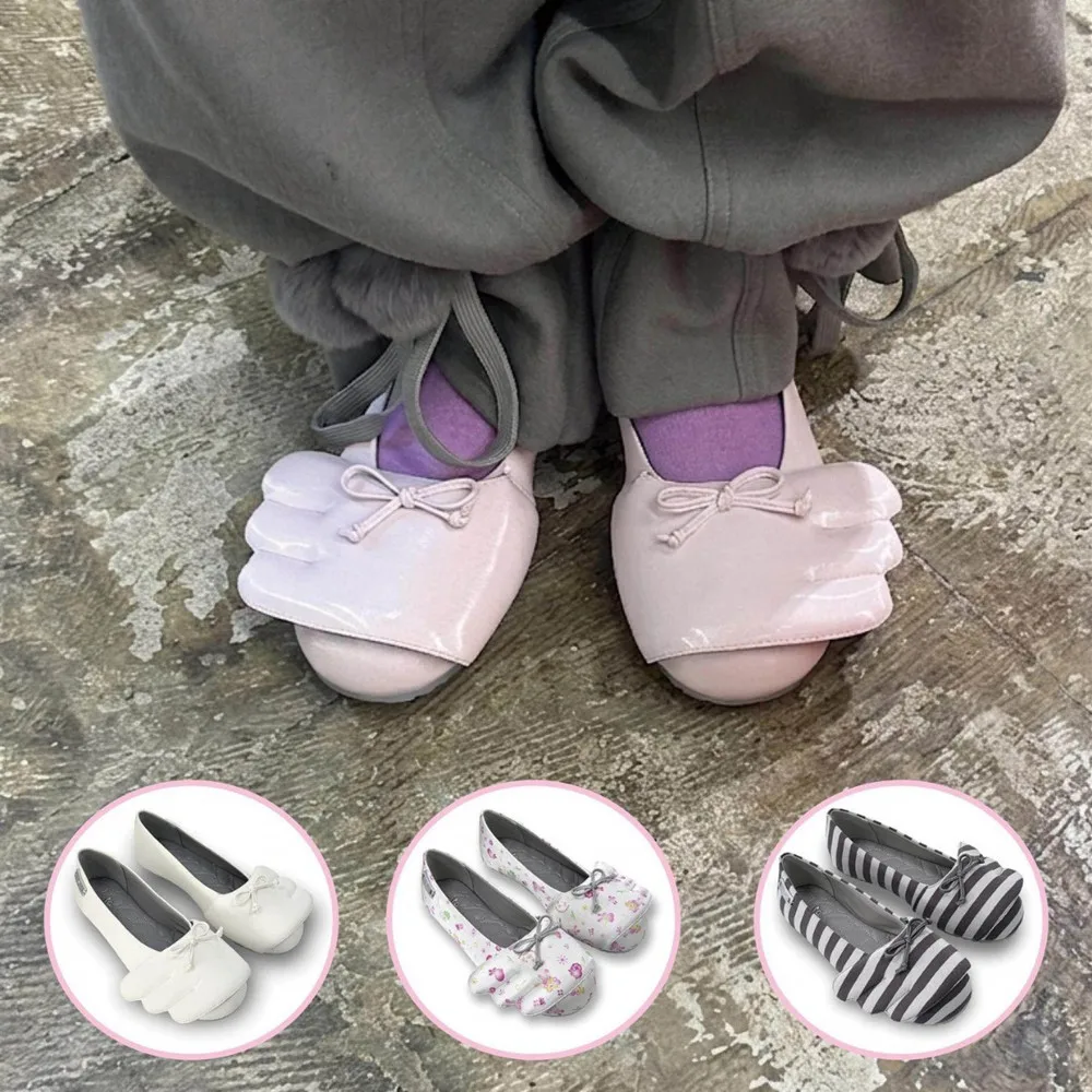 Women Unique FiveFinger Flat Shoes Floral Print Bow Knot Ballet Flats Sweet Slip On Loafers Ladies Casual Daily Party Shoes