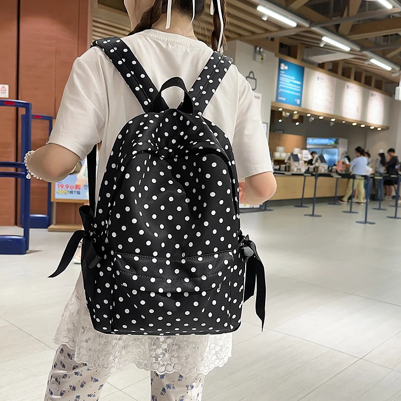 New Casual Popularity Dots Nylon Large Capacity Backpacks 2026 High Quality Cute Bow Fresh Retro Portable School Bags for Women