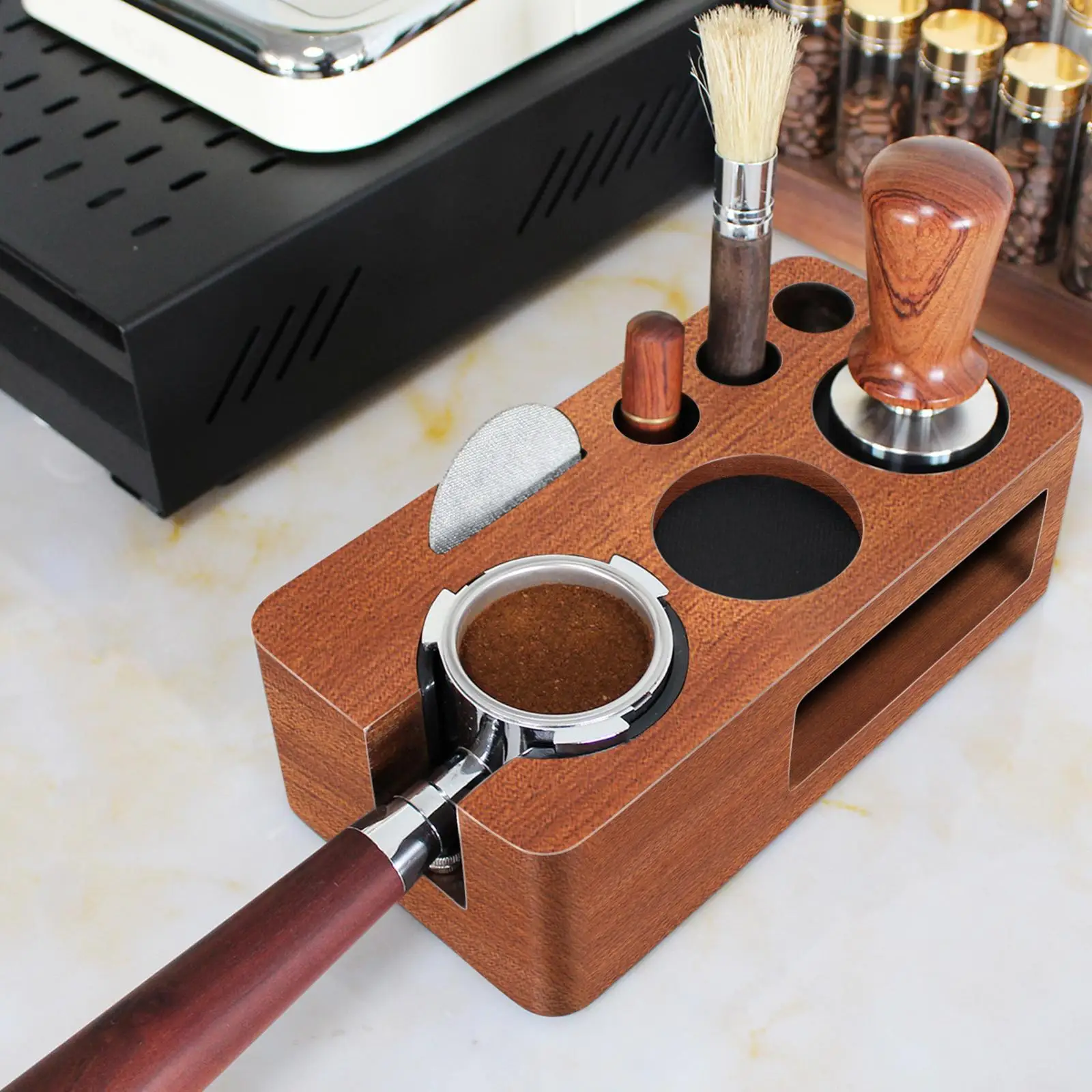 Espresso Tamping Station Espresso Organizer Box Multifunktionaler Kaffee Tamper Ständer für Cafés Shop Kaffee Arbeitsplatte Arbeitsplatte