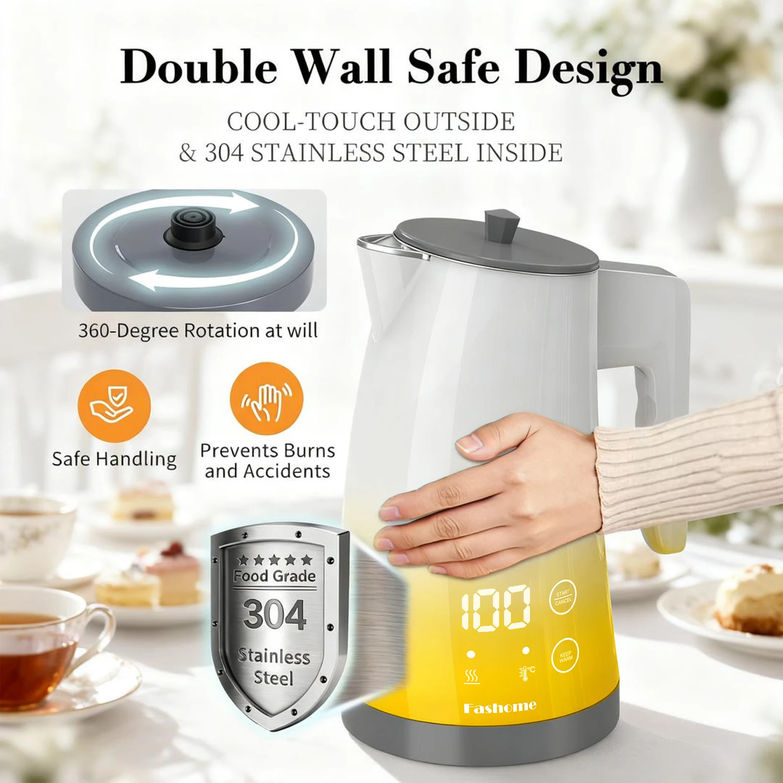 Modischer elektrischer Wasserkocher mit 5 Temperaturregelungen, 1,25 l, automatische Abschaltung, Kaffee- und Teekanne aus Edelstahl, Küchenhelfer