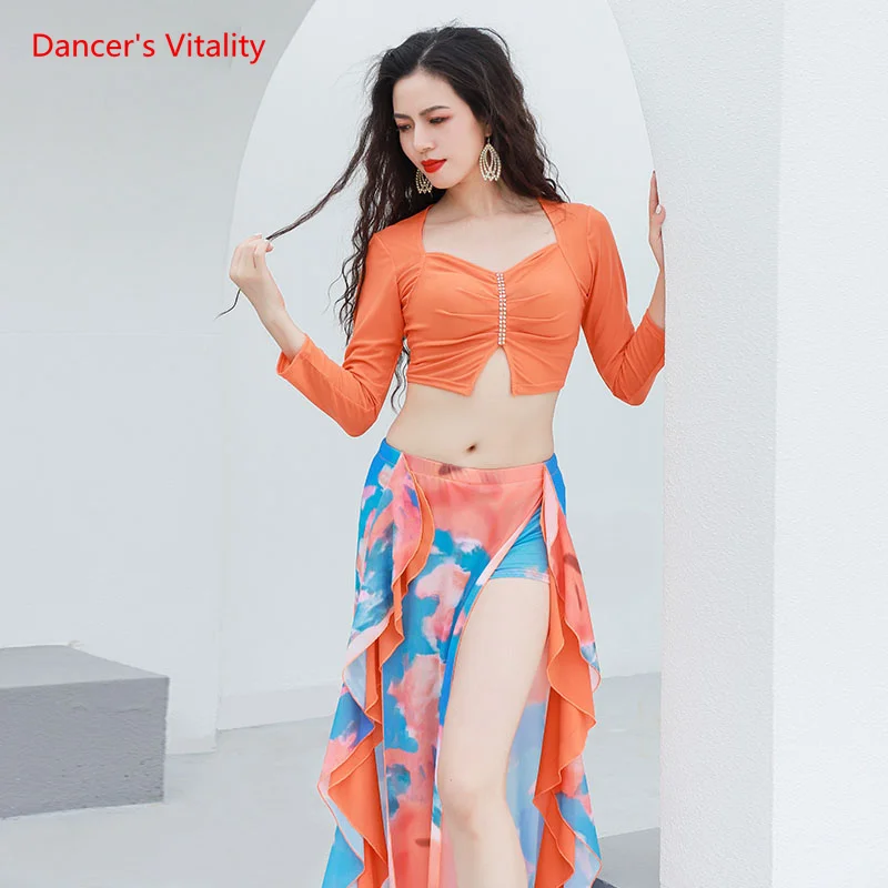 

Belly Dance Costumes Set for Women Bellydance Printed Practice Suit Girl's Fashion Long Sleeves Top+split Skirt 2pcs Danc Wear