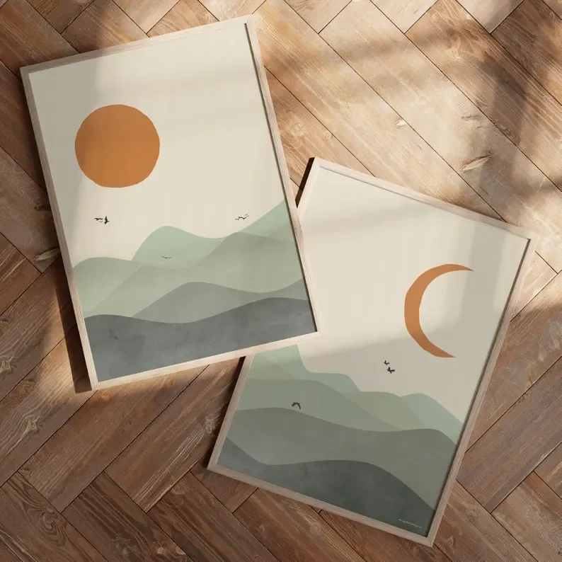 حكيم الأخضر الشمس والقمر المشهد قماش الطباعة منتصف القرن مجردة هندسية الجدار ملصق فني لغرفة المعيشة الحديثة ديكور المنزل #4