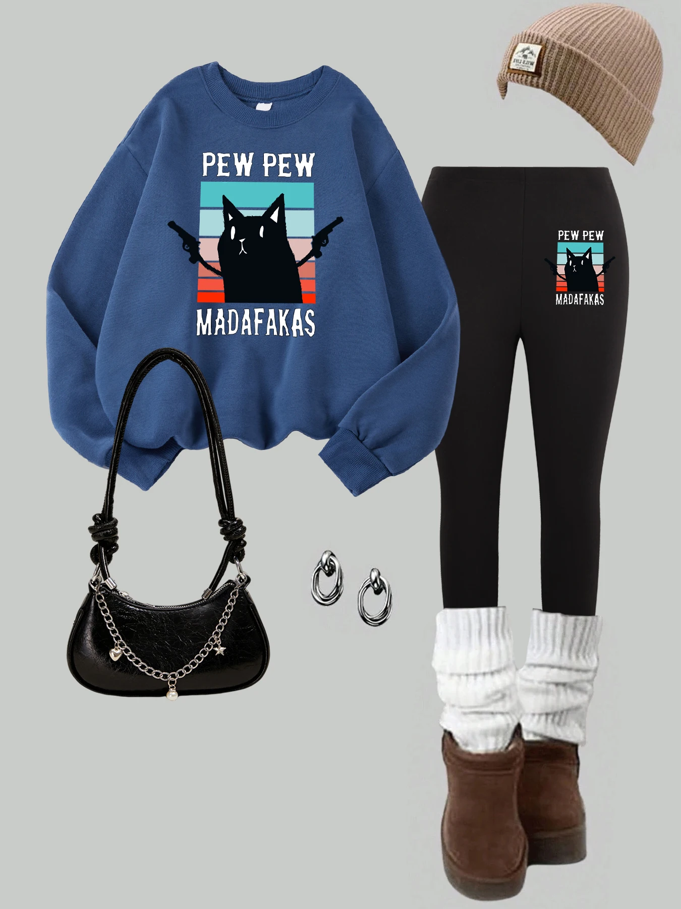 

Pew Pew Madafakas Cats Print Pullovers Women Cewneck Fleece Sweatshirt Set Autumn Thicken Leggings Elasticity Loose Pant Sets