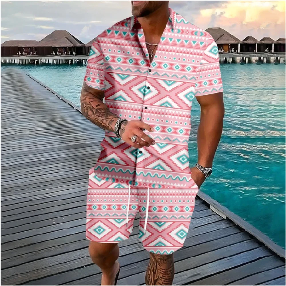 Hawaiian Vacation Style Aztec Elements Button Shirts Shorts Colors Geometry Sets Streetwear Tracksuit Casual Beach Men Clothing