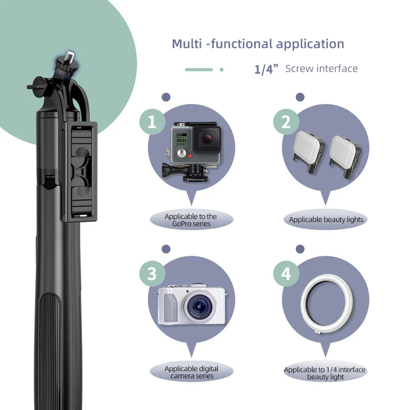 Support Q06 pour la diffusion en direct, perche à selfie Bluetooth, alliage d'aluminium allongé, trépied multifonctionnel intégré, photographie au sol
