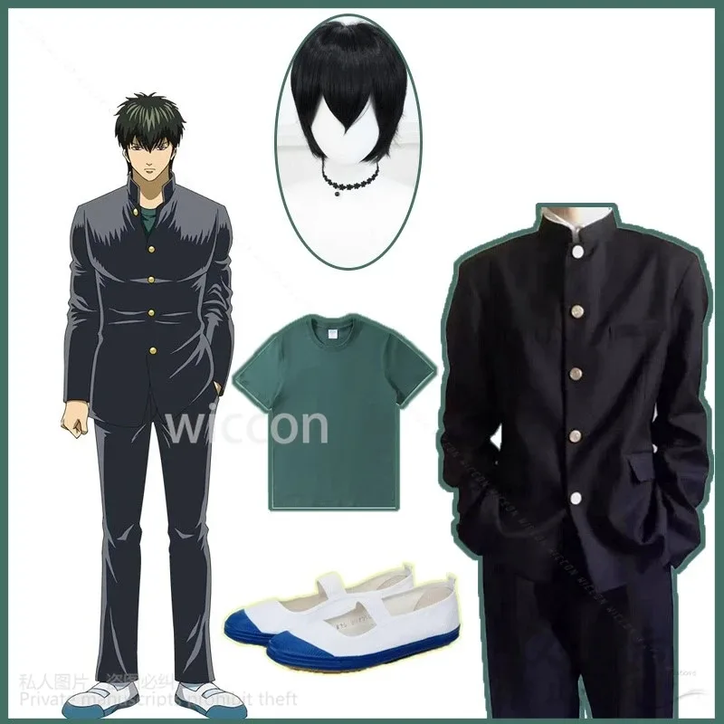 

XT8Hijikata Toushirou COSPLAY New Anime GinpachiSensei Costume Dk School Uniform Suit Green Shirt Wig Shoes For Man HalloweXT6@!