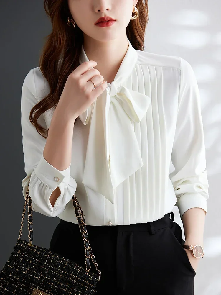 Pleated women shirt long sleeve bow tie neck pearl buttons anti wrinkle office lady elegant blouses female fashion clothes 2023