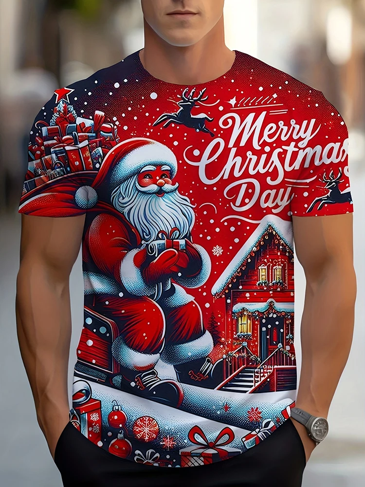 3D Christmas Santa Print Men's Short-sleeved Shirt Christmas-style Outdoor Street Sports T-shirt Casual Daily Men's Loose T-shir