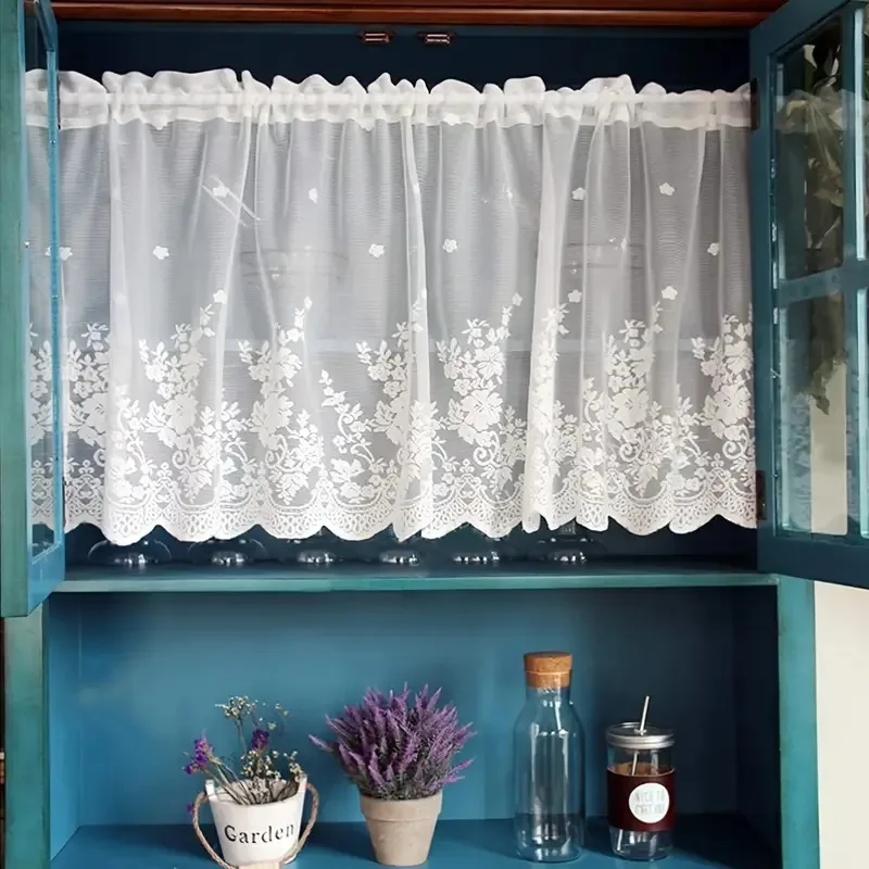White Lace Small Curtain Tier Curtain for Living Room Bedroom Kitchen Flower Window Door Decoration Cafe-Style Cabinet Cover