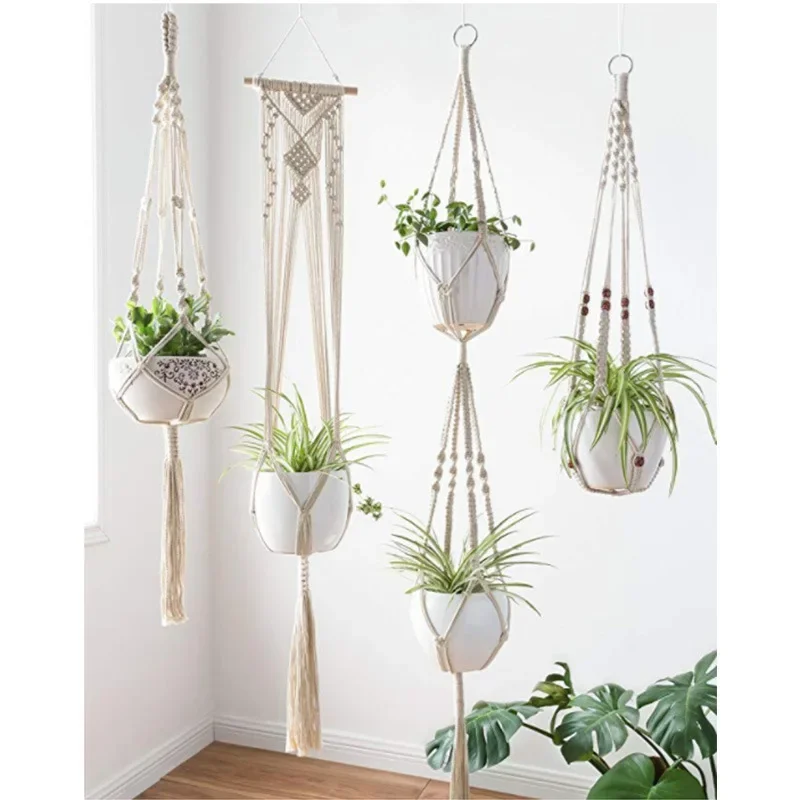 

4 Piece Set Macrame Plant Hanger Flower /pot Hanger for Wall Decoration Countryard Garden Hanging Planter Macrame Wall Hanging