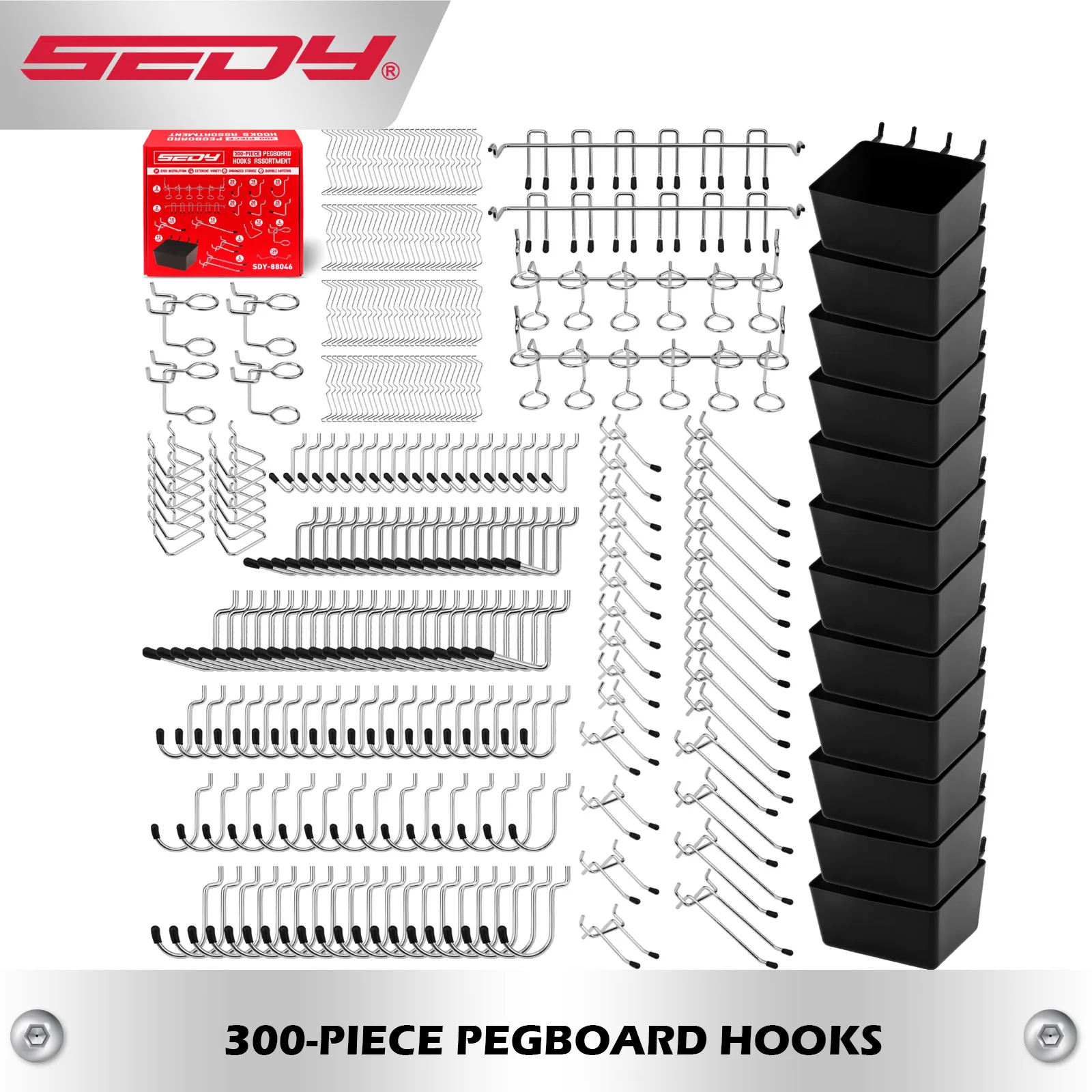 SEDY 300PCS Pegboard Hooks Set, Peg Locks & 12 Bins, Heavy Duty Metal Hooks, Organizer for Garage Workshop Home Warehouse