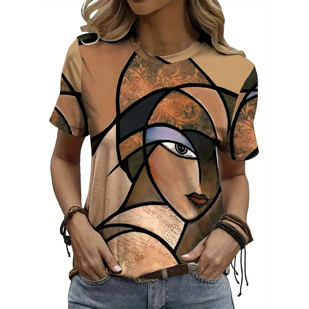 Summer New Funny T-Shirts Abstract Face 3D Print Women's Round Neck Short Sleeve T Shirt Harajuku Tees Y2k Tops Female Clothing