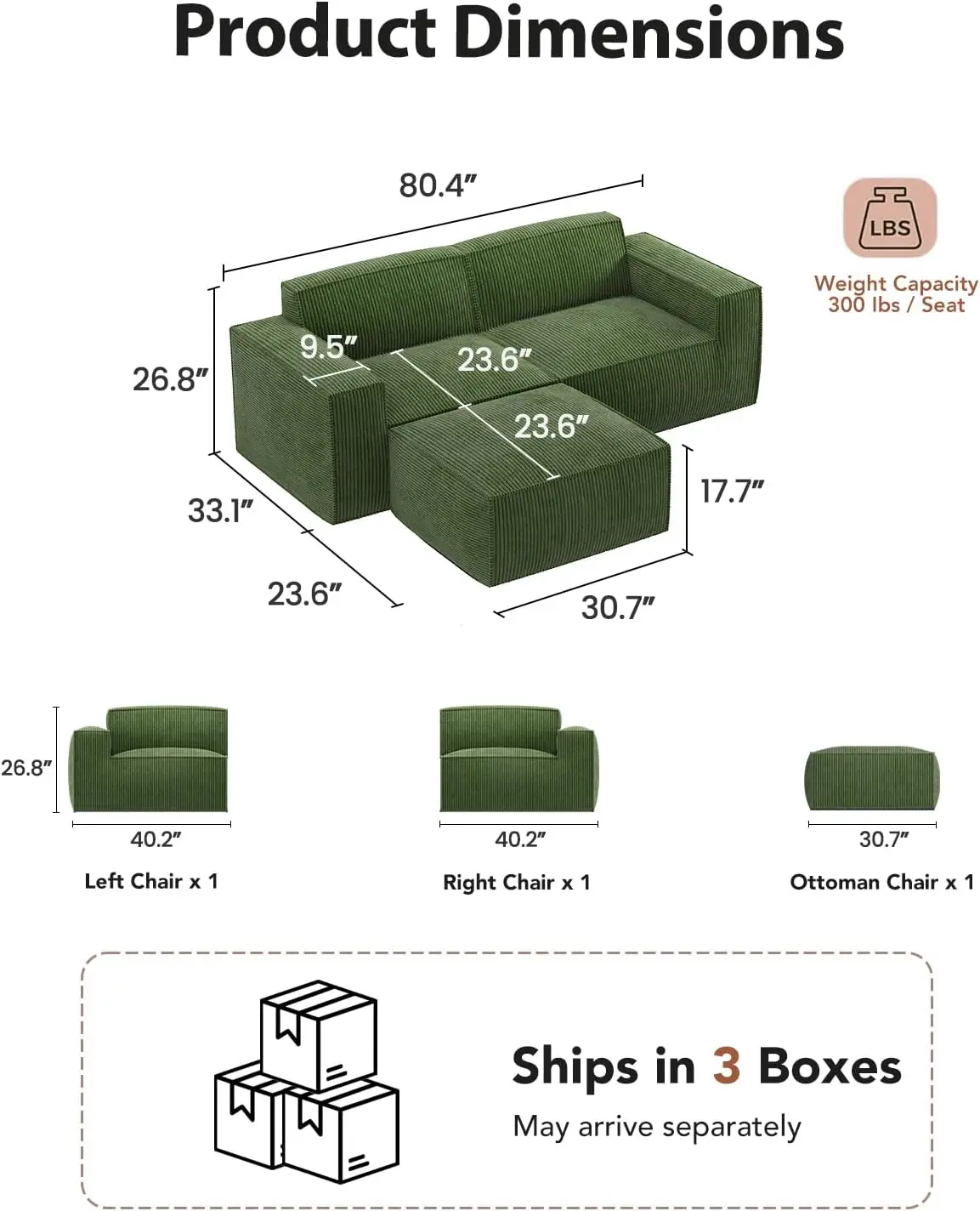 L Shaped Sofa Modular, Corduroy Clopud Couches with Deep Seats Upholstered Couches for Living Room Bedroom with Ottoman - view 2