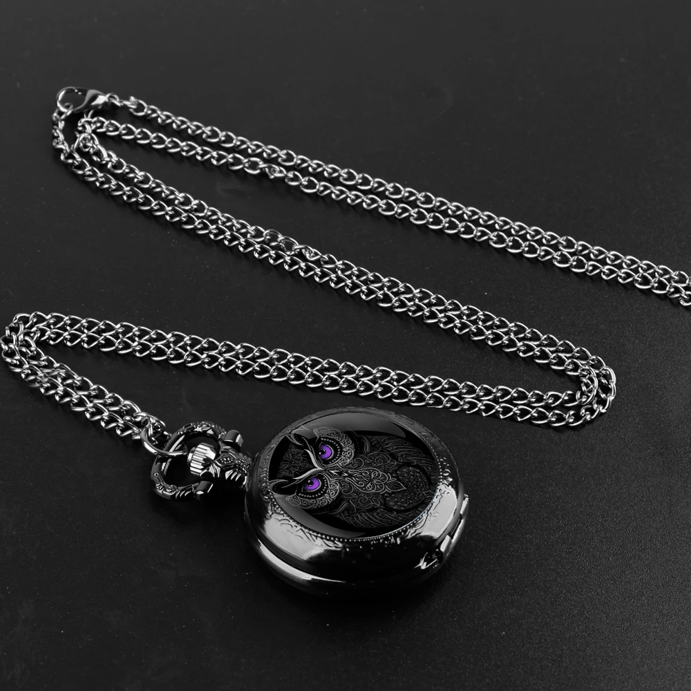 Owl Design Special Gift Glass Dome Arabic Numerals Quartz Pocket Watch Necklace Pendant Clock Chain Men Women Gifts