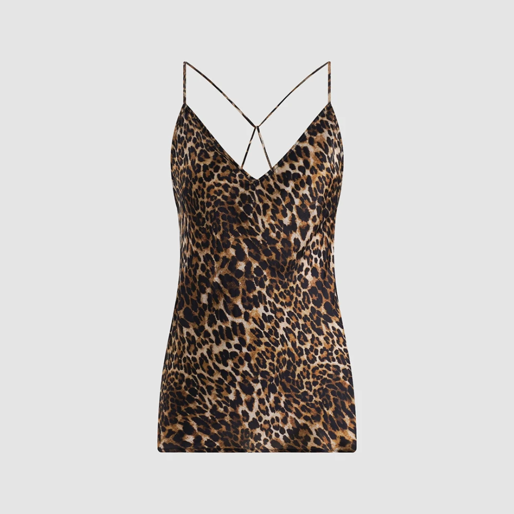 Women Leopard Print Cami Top V‑Neck Criss‑Cross Back Spaghetti Strap Camisole Sleeveless Tank Top Ladies Casual Party Vest
