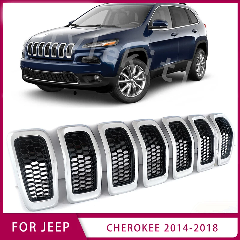 

A Set Chrome Front Bumper Grille Insert Honeycomb Mesh for Jeep Cherokee 2014-2018 Middle Grille Engine Cover Plate