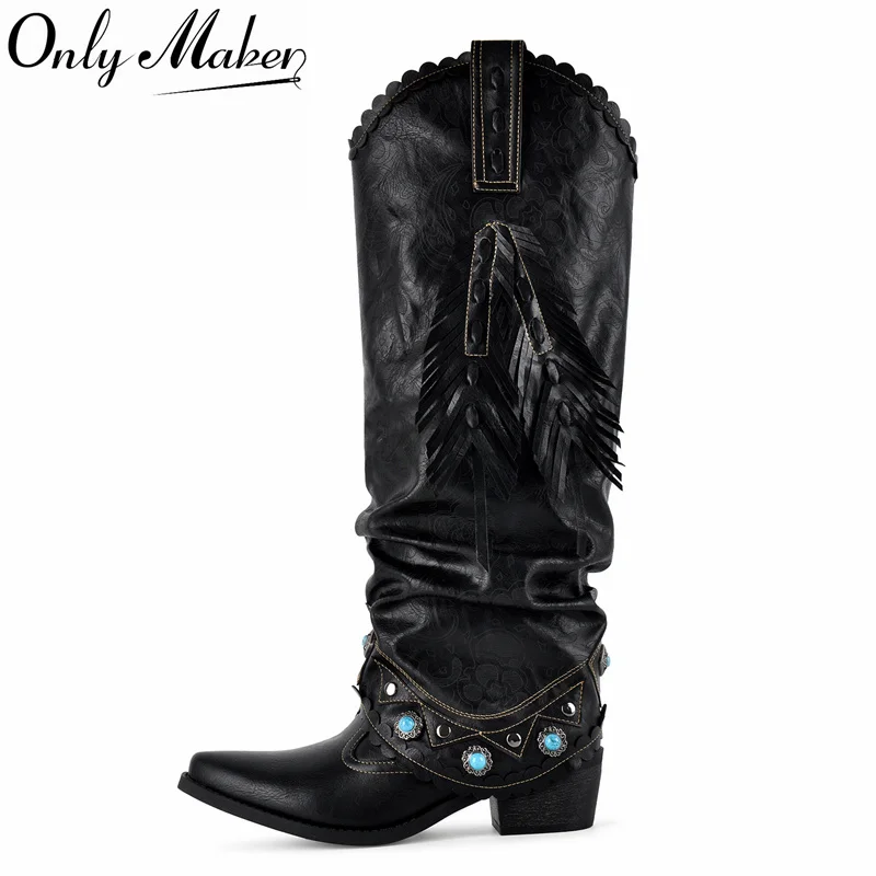 

Onlymaker Black Ruched Fringe Western Cowboy Boots Block Heel Pull On Turquoise Studded Embellished Western Knee High Boots