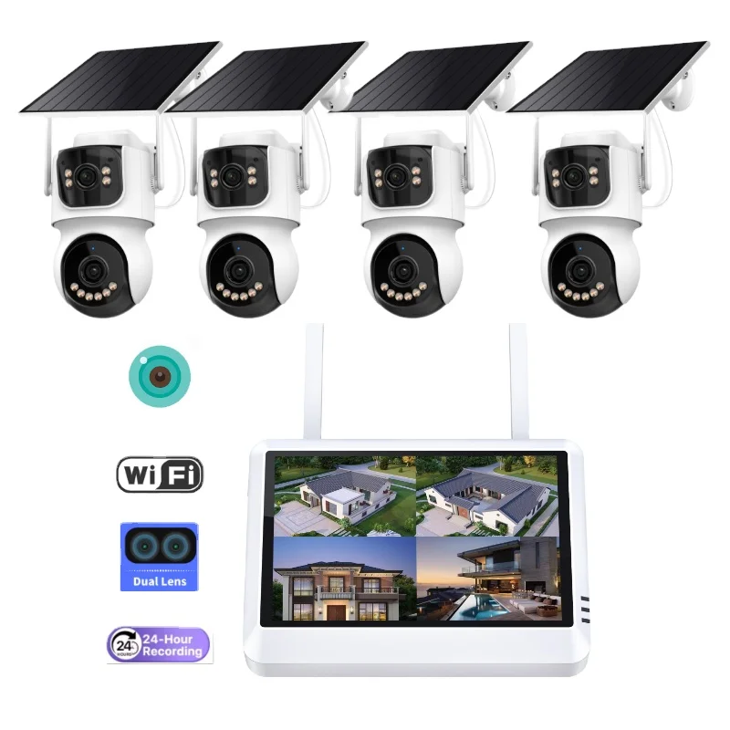 Icsee AOV WiFi 4MP 8CH 7-inch LCD NVR Solar Security Camera System Wifi Outdoor AOV Wireless Dual Lens Solar PTZ Camera System