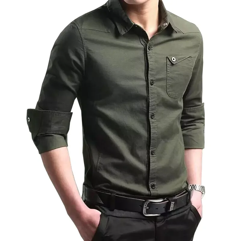 

Military Solid Color Shirts Men's Clothing Commute Single-breasted Safari Style Spring Autumn Long Sleeve Spliced Basic Shirts