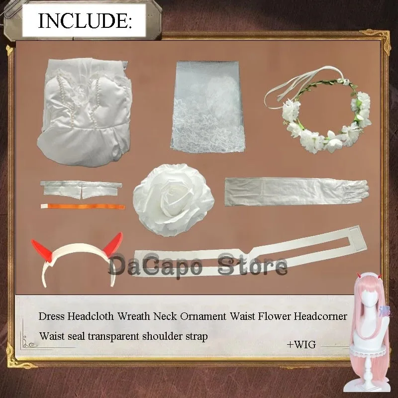 

asdh8@Zero Two 02 Cosplay Costume Wig Anime DARLING Bride in the FRANXX White Lace Gown Wedding Dress Figure Same Style Roleplay