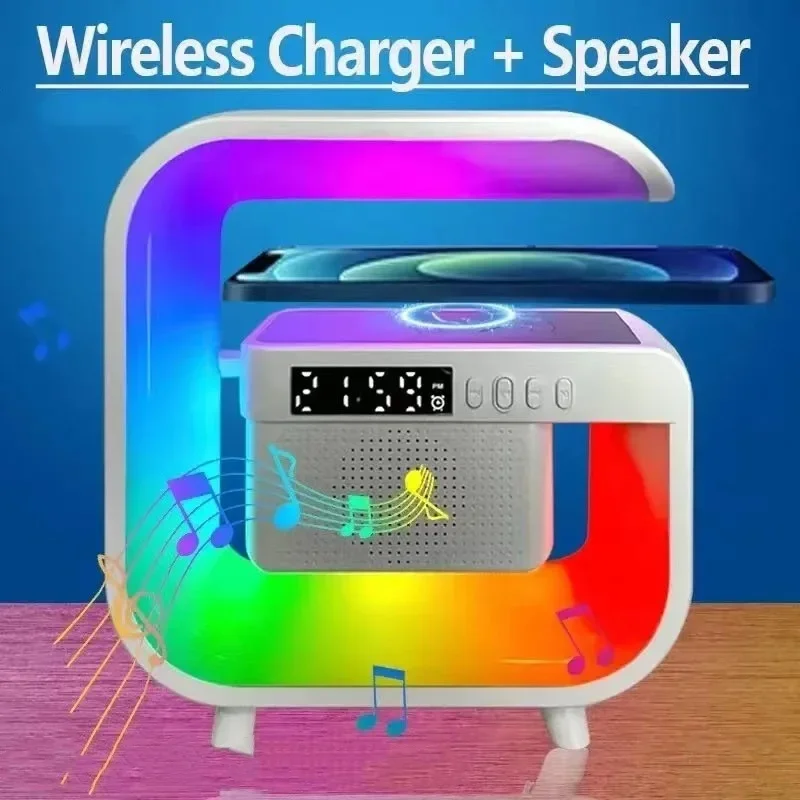 Suporte de carregador sem fio multifuncional, Bluetooth 5.0 Speaker, FM, TF, RGB, luz noturna, estação de carregamento rápido para Xiaomi, iPhone, Samsung