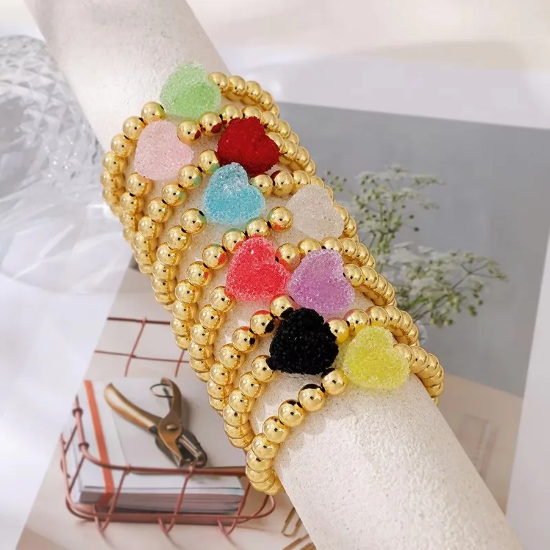 Fashionable Fresh Ins Style Soft Candy Full Diamond Heart Gold Bead Elastic Bracelet Women's Jewelry Accessory Travel Souvenir