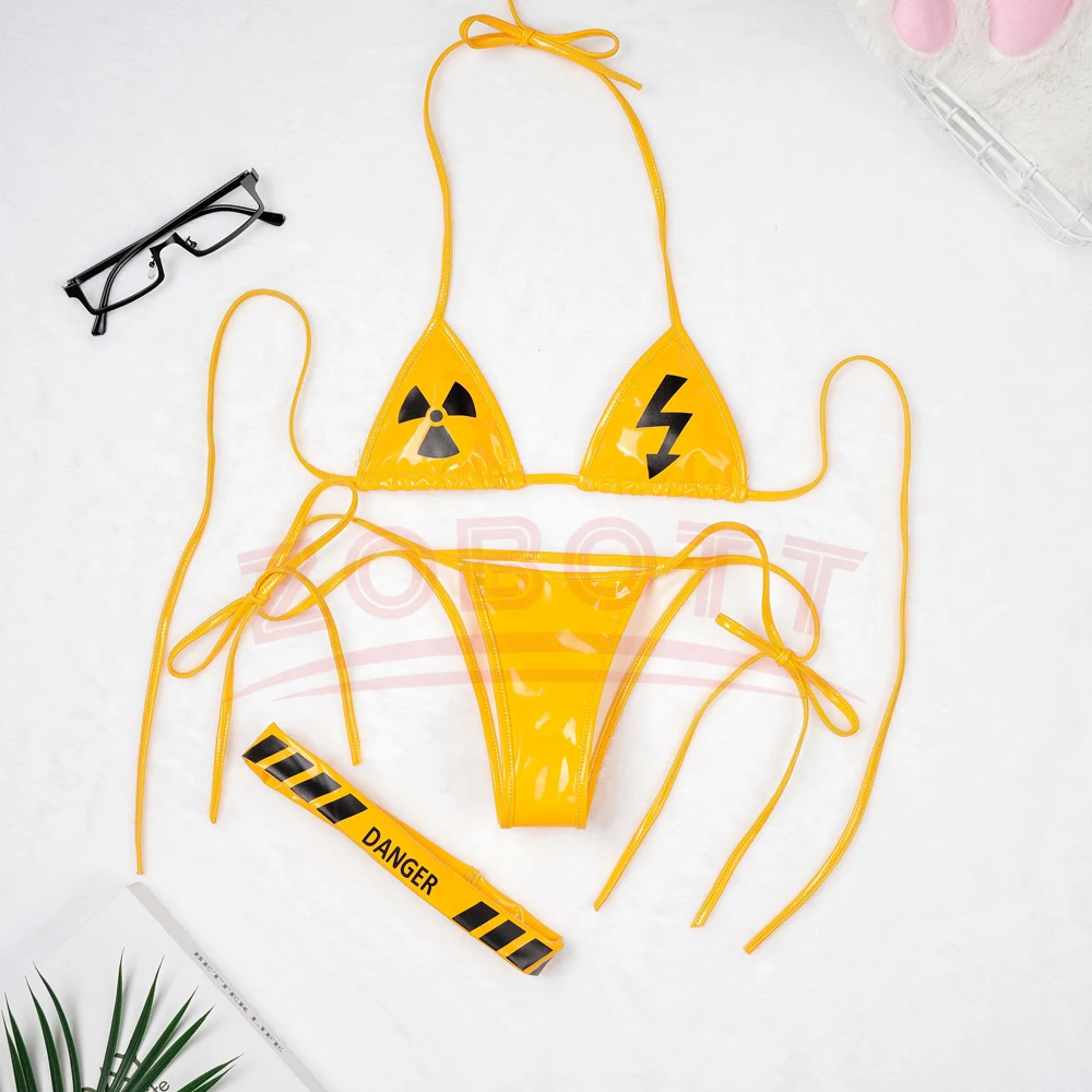 Anime Cyberpunk Danger Warning Yellow Bikini Swimsuit Women Anime Game Three Point Leather Underwear Set Costume Cosplay view 5