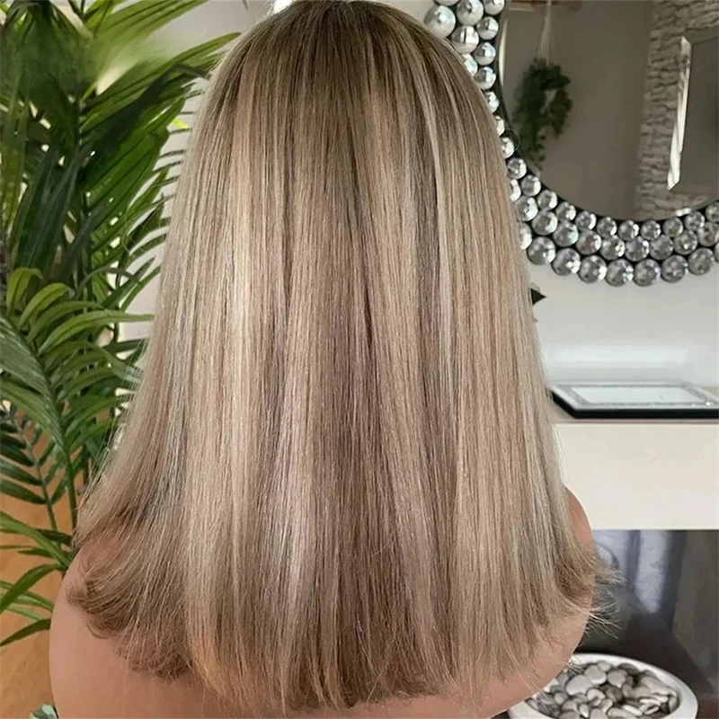 Short Straight Bob With Bnags Ombre Ash Platinum Blonde HD Transparent Lace Front Wig Synthetic Wig For Women Glueless Wigs 14''