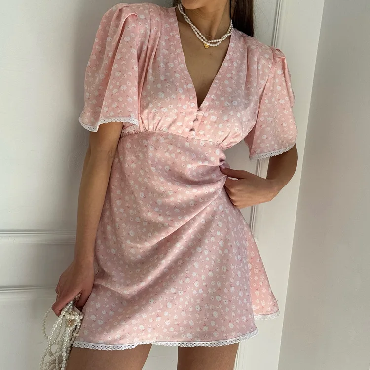 

Sexy Patchwork Print Women Dress Slim V-neck Short Puff Sleeve Mini Female Dresses 2026 Spring Summer Urban Lady Robe New