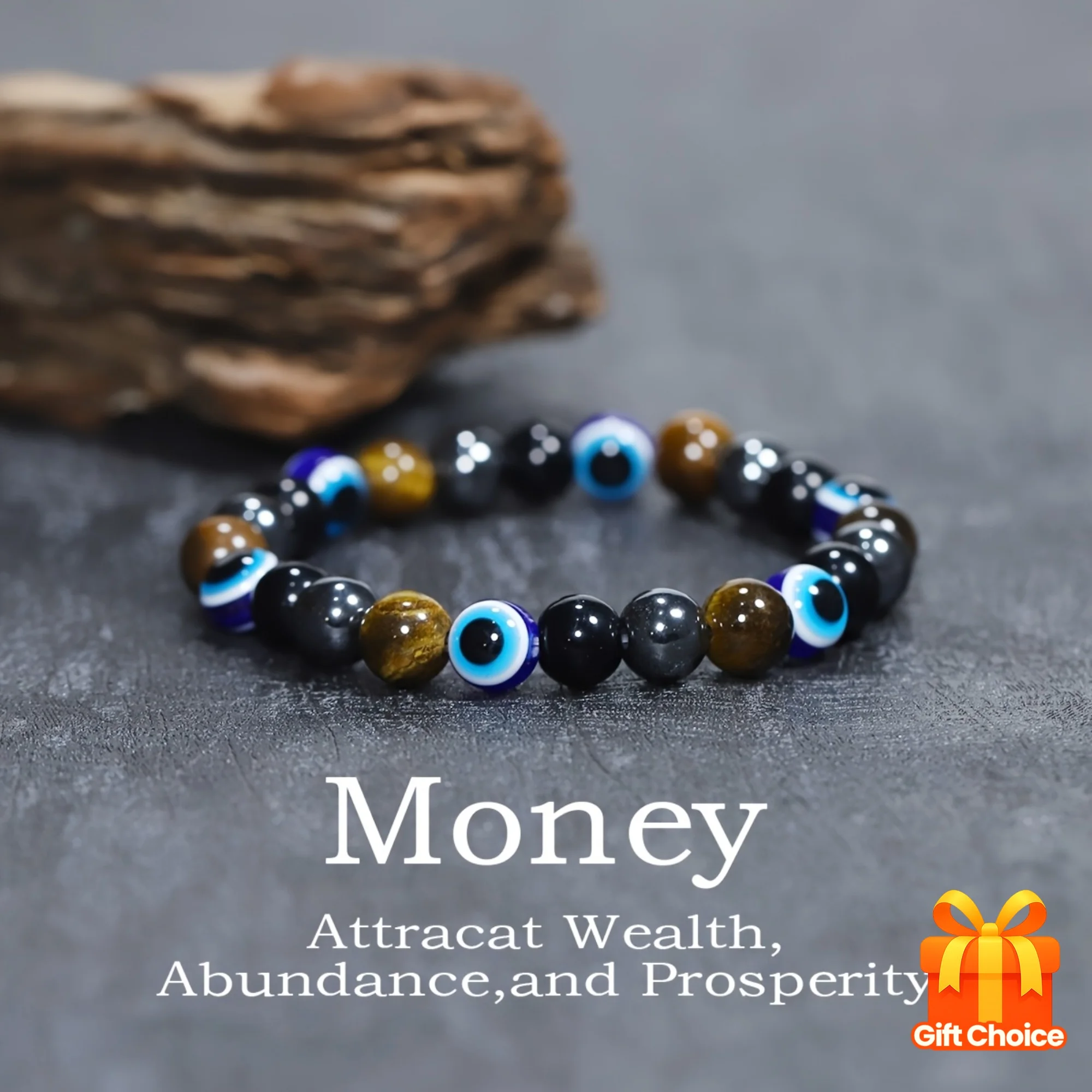 1 Piece Wealth Protection Stretch Bracelet – Blue Evil Eye, Hematite, Yellow Tiger‘s Eye, Obsidian