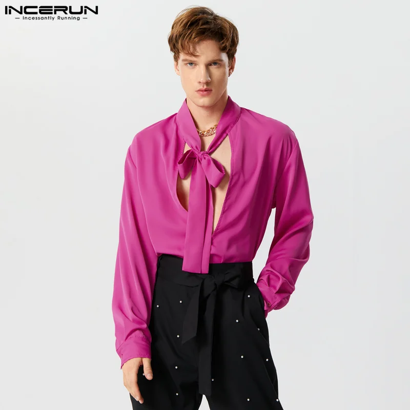 INCERUN Tops 2023 American Style Men's Ribbon Deep V Design Shirts Fashion Leisure Male Bright Fabric Long Sleeved Blouse S-5XL