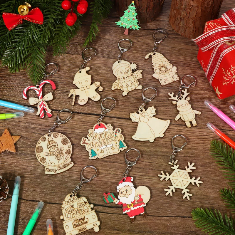 

48 Pcs Color Your Own Keychains Bulk 12 Styles DIY Coloring Wooden Blank Keychain (Christmas)
