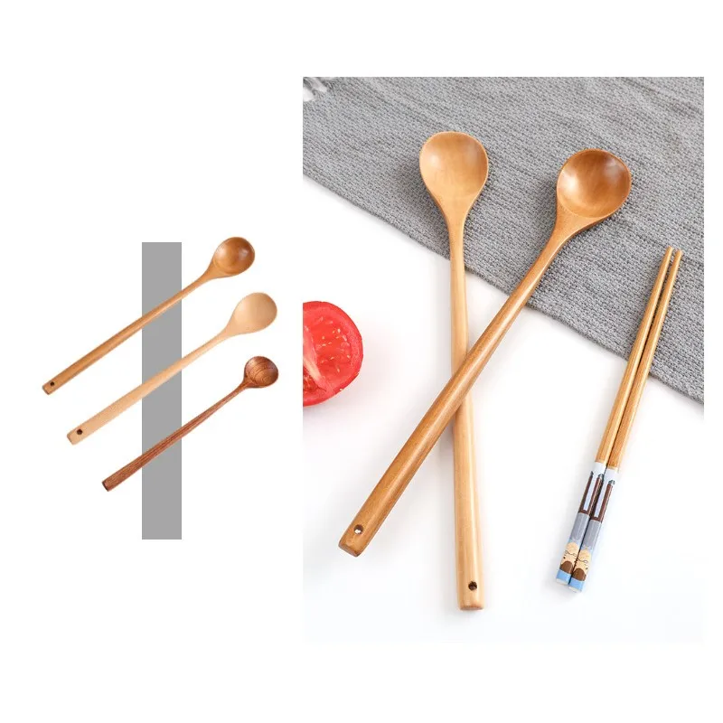 Long Spoons Wooden Natural Round Cooking Spoon for Soup Cooking Mixing Stirr Korean Style Kitchen Utensil Eco-Friendly Reusable