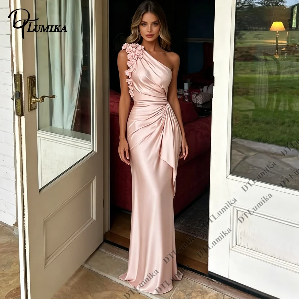 

DTLumika Sexy One Shoulder Formal Dress with Flowers Sheath Long Satin Wedding Party Gown, Women's Tailored Evening Gowns