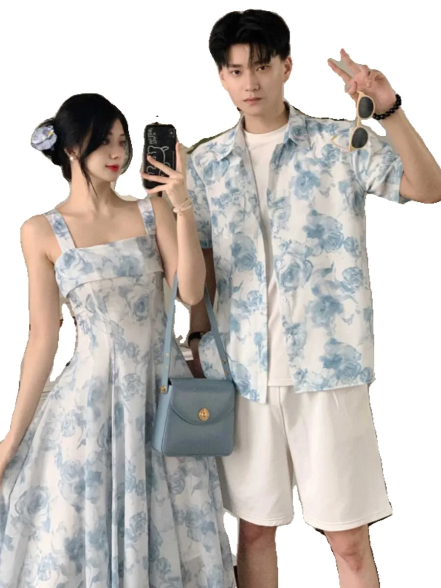 Unique Design Couple Matching Summer 2024 Short Sleeve Holiday Style Dress And Shirt One Skirt One Top Casual Breathable Poly...