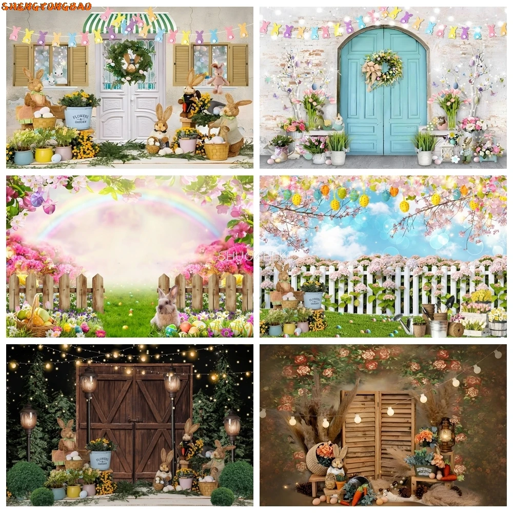 

Spring Easter Wood Door Backdrops Photography Green Grass Flower Egg Cute Rabbit Background Kid Birthday Party Supplies Decor